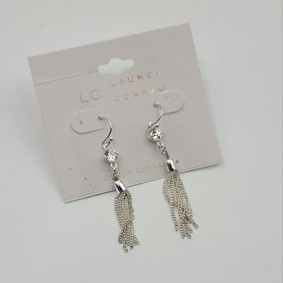 Lauren Conrad silver chain tassel earrings cubic zirconia - Picture 2 of 4